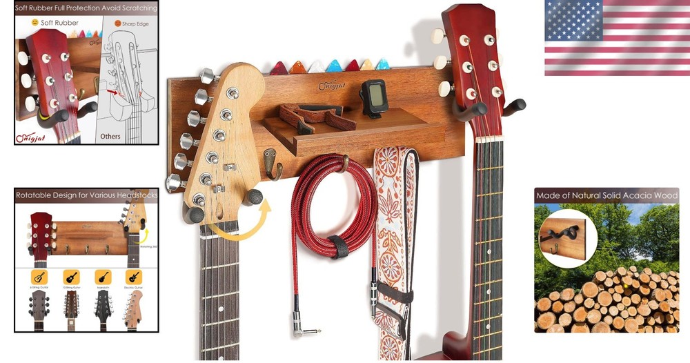 Rotatable Hook Guitar Wall Mount in Polished Acacia - Secure & Stylish Storage