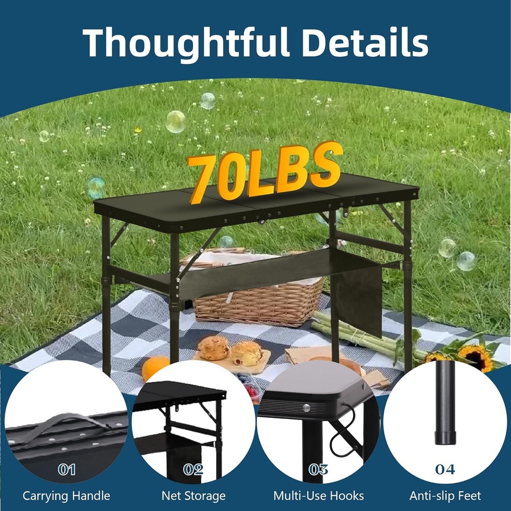 Folding Camping Table W/ 3 Adjustable Height 3ft Foldable Aluminum Camp Table