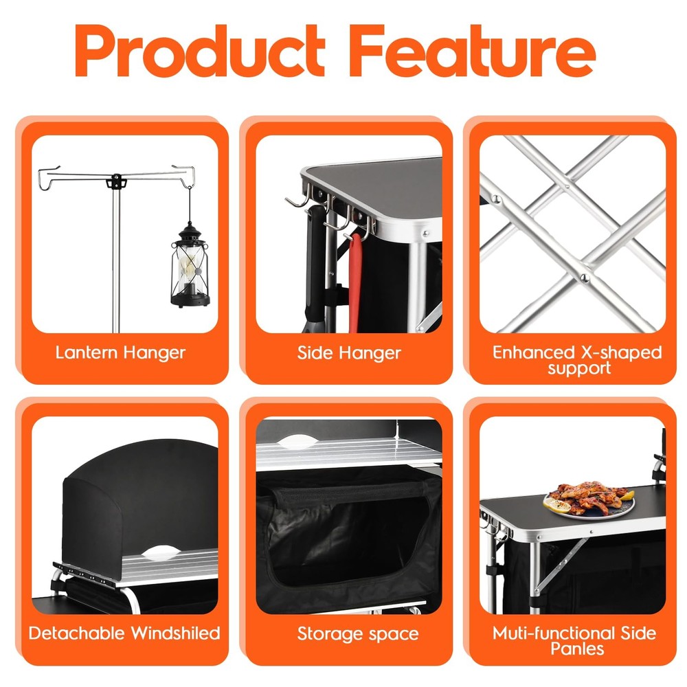 Cmaping KitchenTable, Aluminum Folding Camping Cook Station with Windshield, ...