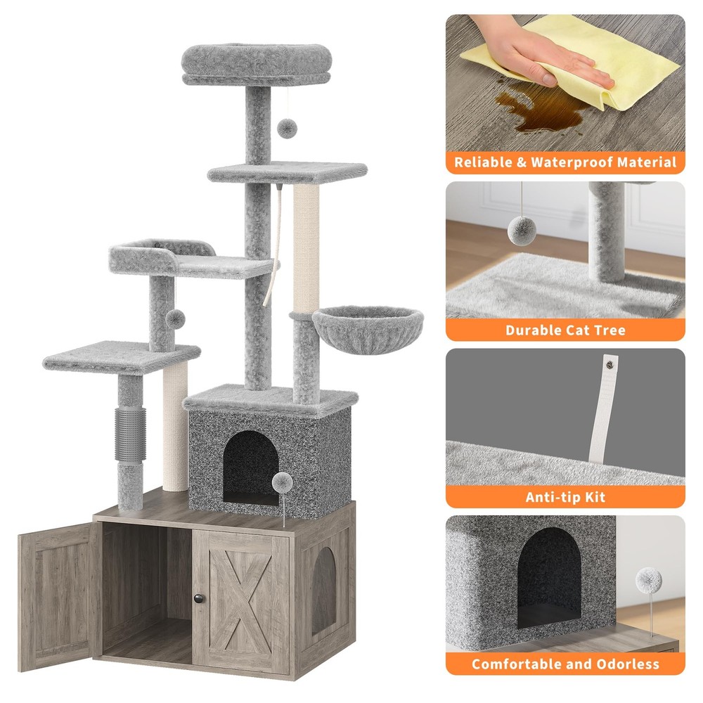 Hidden Litter Box Cat Tree, Multi-Level Tower, Scratching Post, Dangling Balls