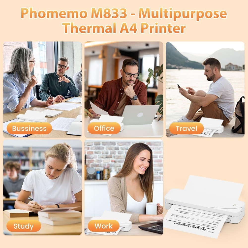 Portable Wireless Bluetooth Thermal Printer, 300DPI Inkless Travel Printer