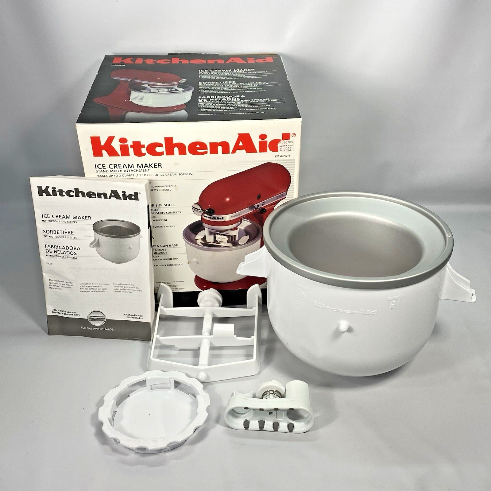 KitchenAid KICA0WH Ice Cream Maker Stand Mixer Attachment 2qt Freeze Bowl OB