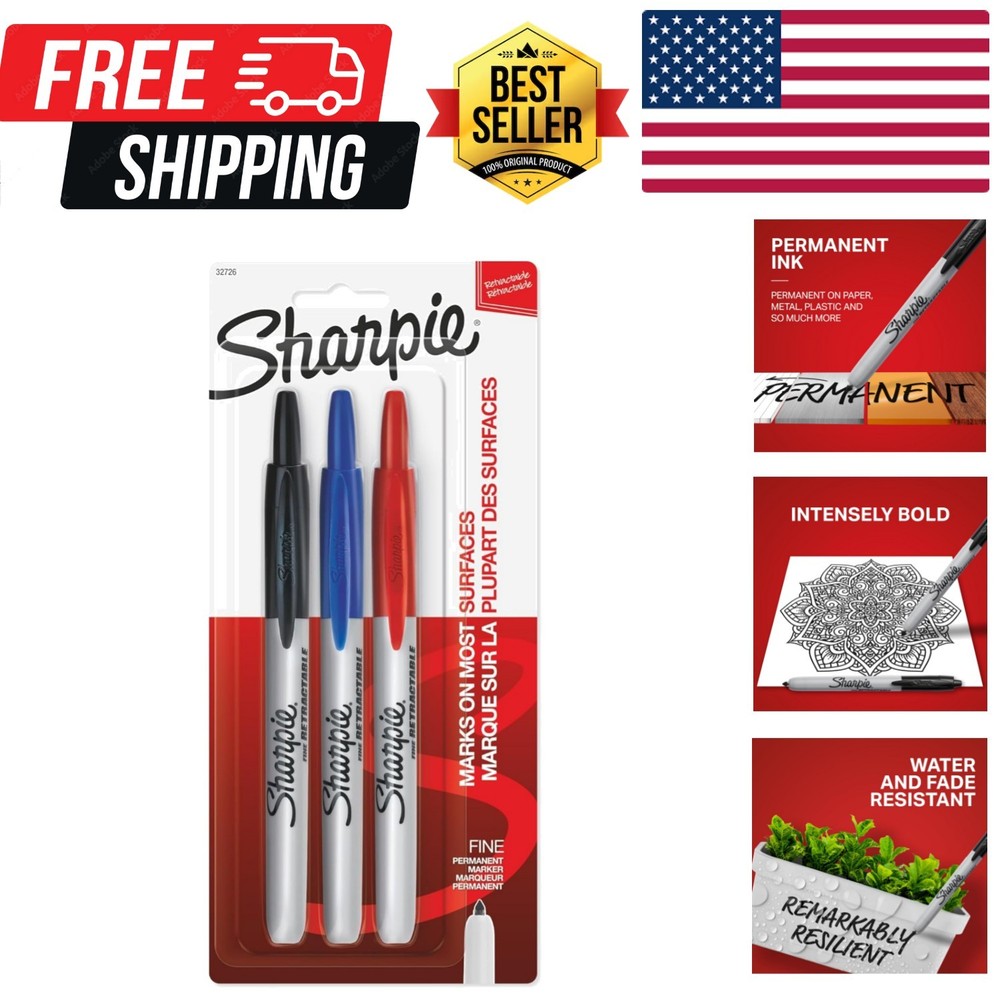 Retractable Permanent Markers, Fine Point, Assorted Colors, 3 Count