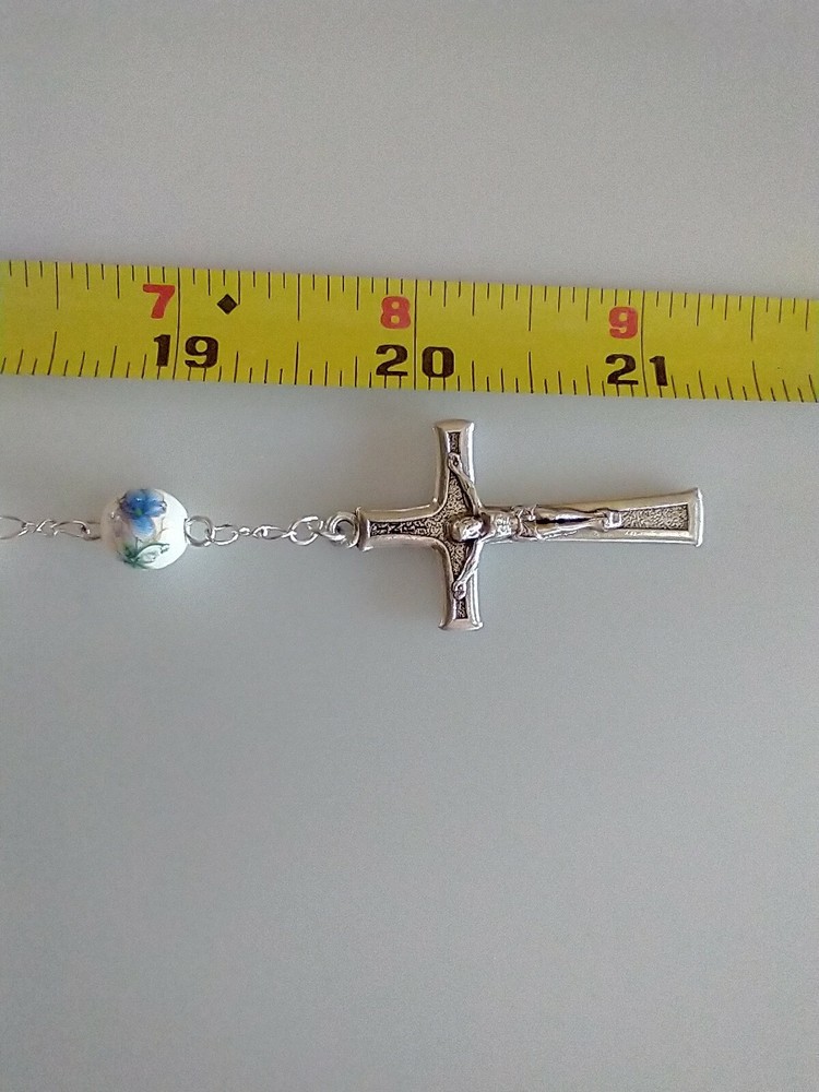 Catholic Ceramic White Blue Floral Rosary