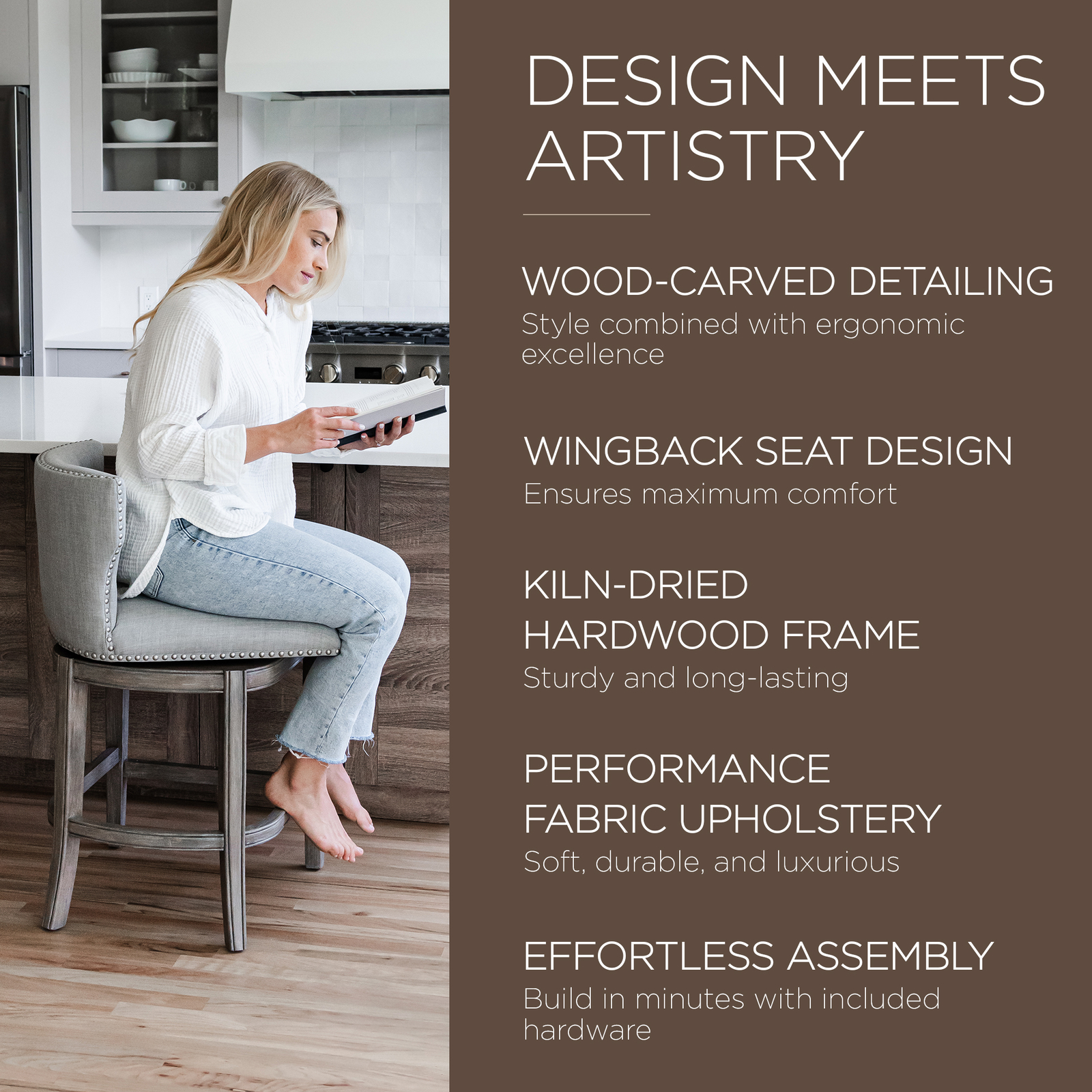 Maven Lane Hugo Counter Stool, Reclaimed Oak Finish & Ash Grey Fabric Upholstery