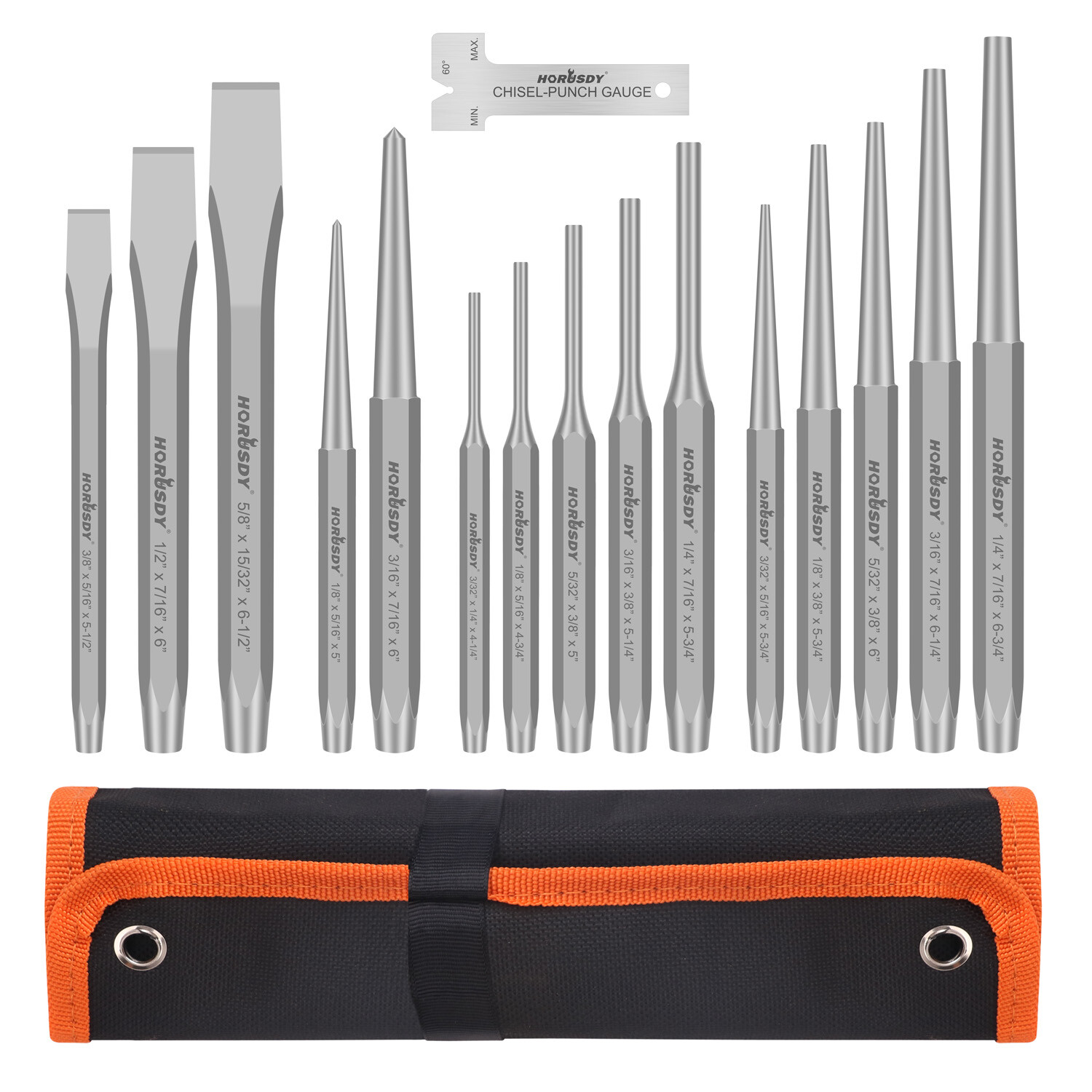 HORUSDY 16PC Punch & Chisel Set Taper Punch Cold Chisels Pin Punch Center Punch