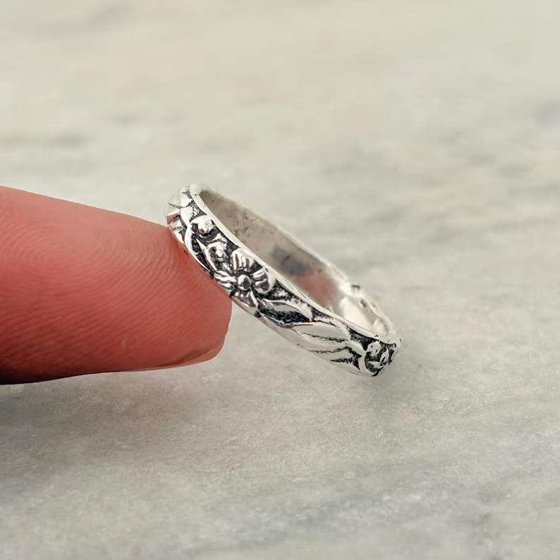Solid 925 Silver Flower Ring, Sterling Silver Floral Band, Band Ring, All Size