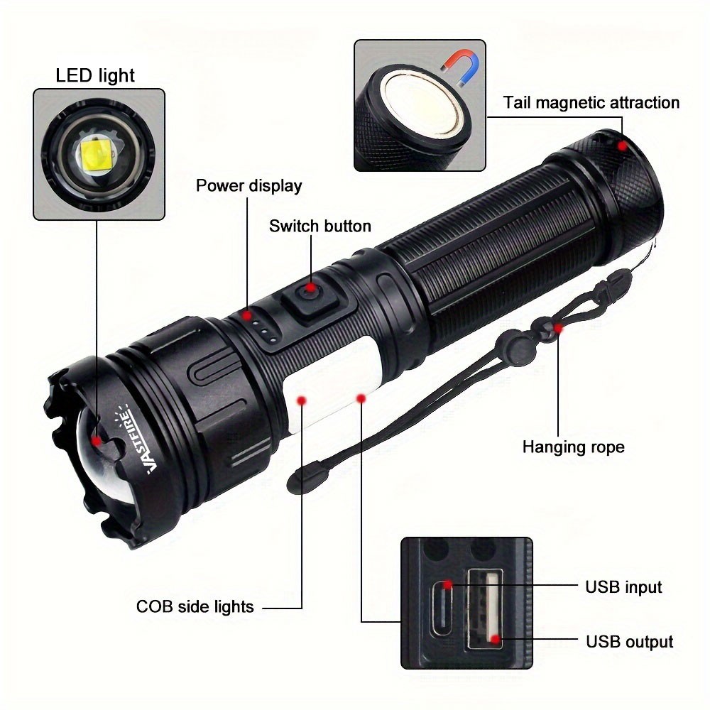 2PCS 20W LED Torch Zoomable Flashlight USB Rechargeable COB Soft White/Red Light