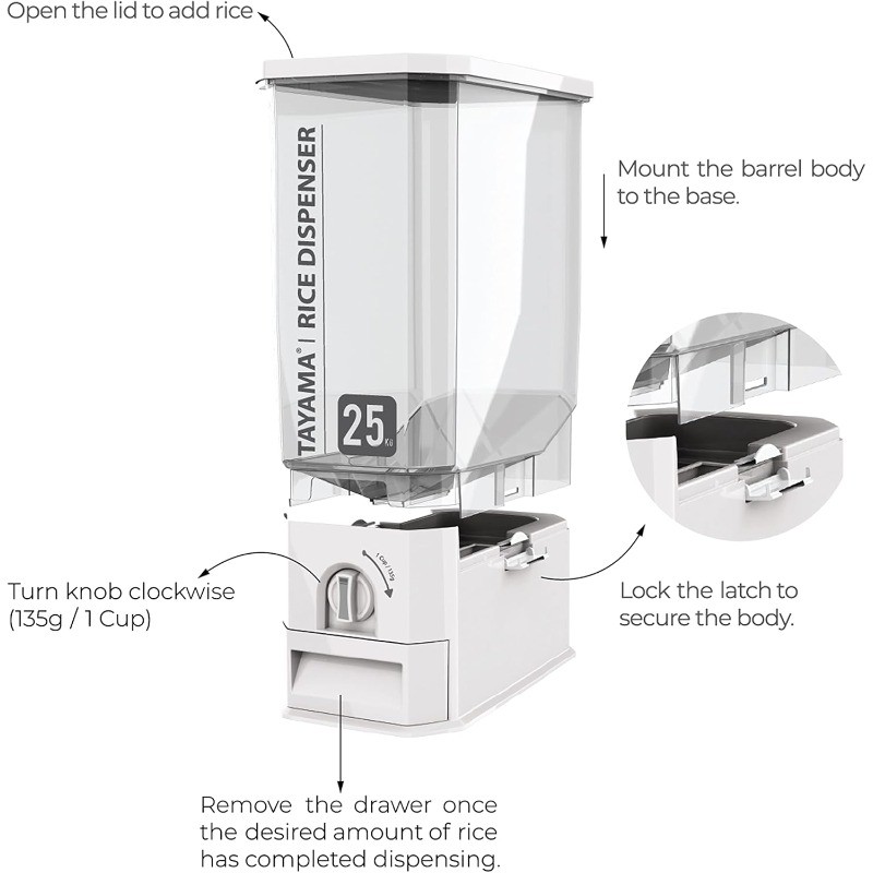 55 lbs. Capacity Rice Dispenser Grain Storage Container,White