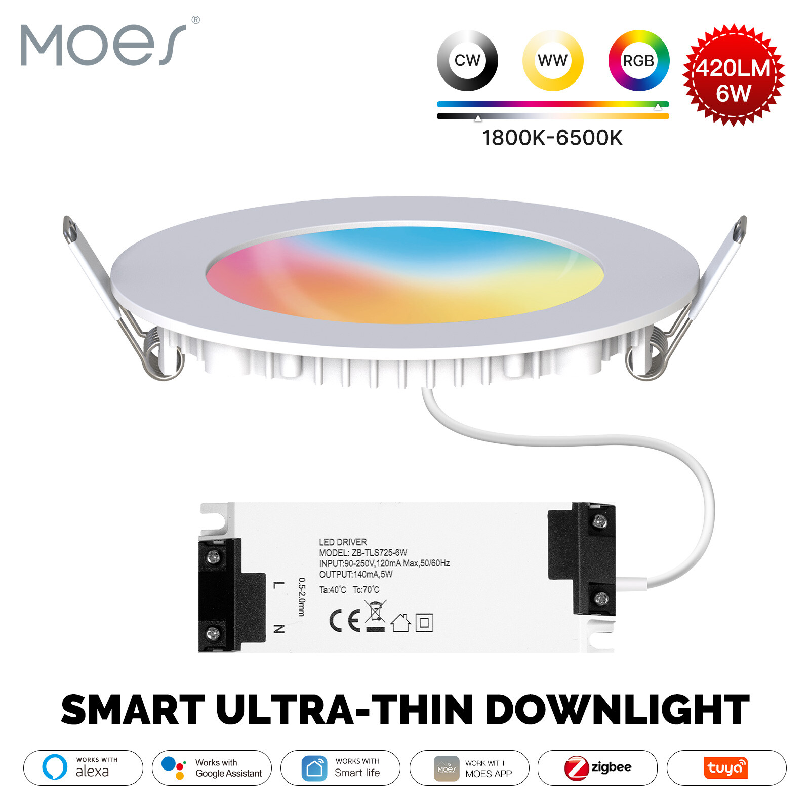 MOES ZigBee Smart LED Downlight Ultrathin Dimmable Spot Bulbs 6W RGB Cool + Warm