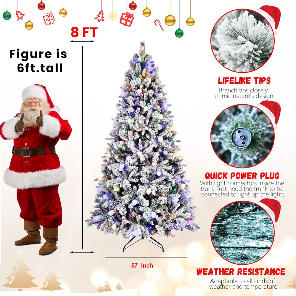 8 ft Prelit Snow Flocked Artificial Christmas Tree with White & Multicolor Light