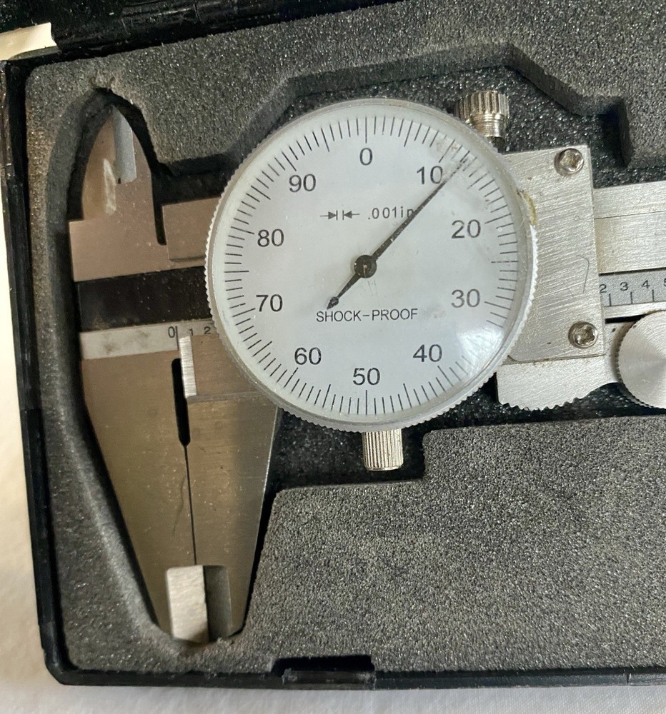 0- 6" Stainless Dial Caliper .001" Shock Proof Precise White Face With Box