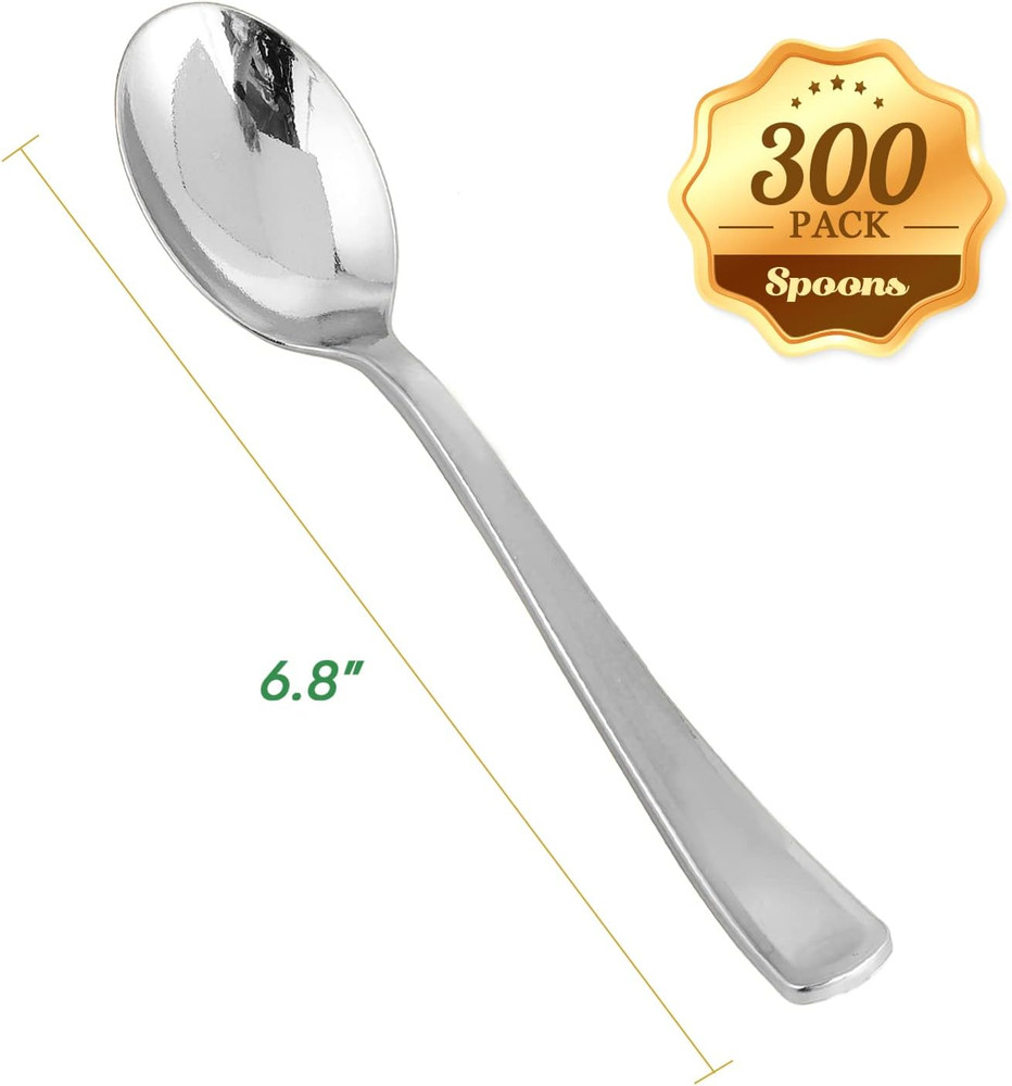 300 Pack 6.8" Disposable Silver Plastic Spoons, Solid and Durable Plastic Cut...