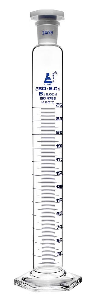 Eisco Labs 250ml Graduated Cylinder with 24/29 Stopper, Class B, Hexagonal Base