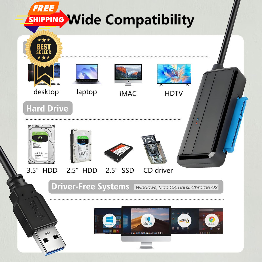 SATA to USB 3.0 Adapter, Cable, External Hard Drive Cable Black