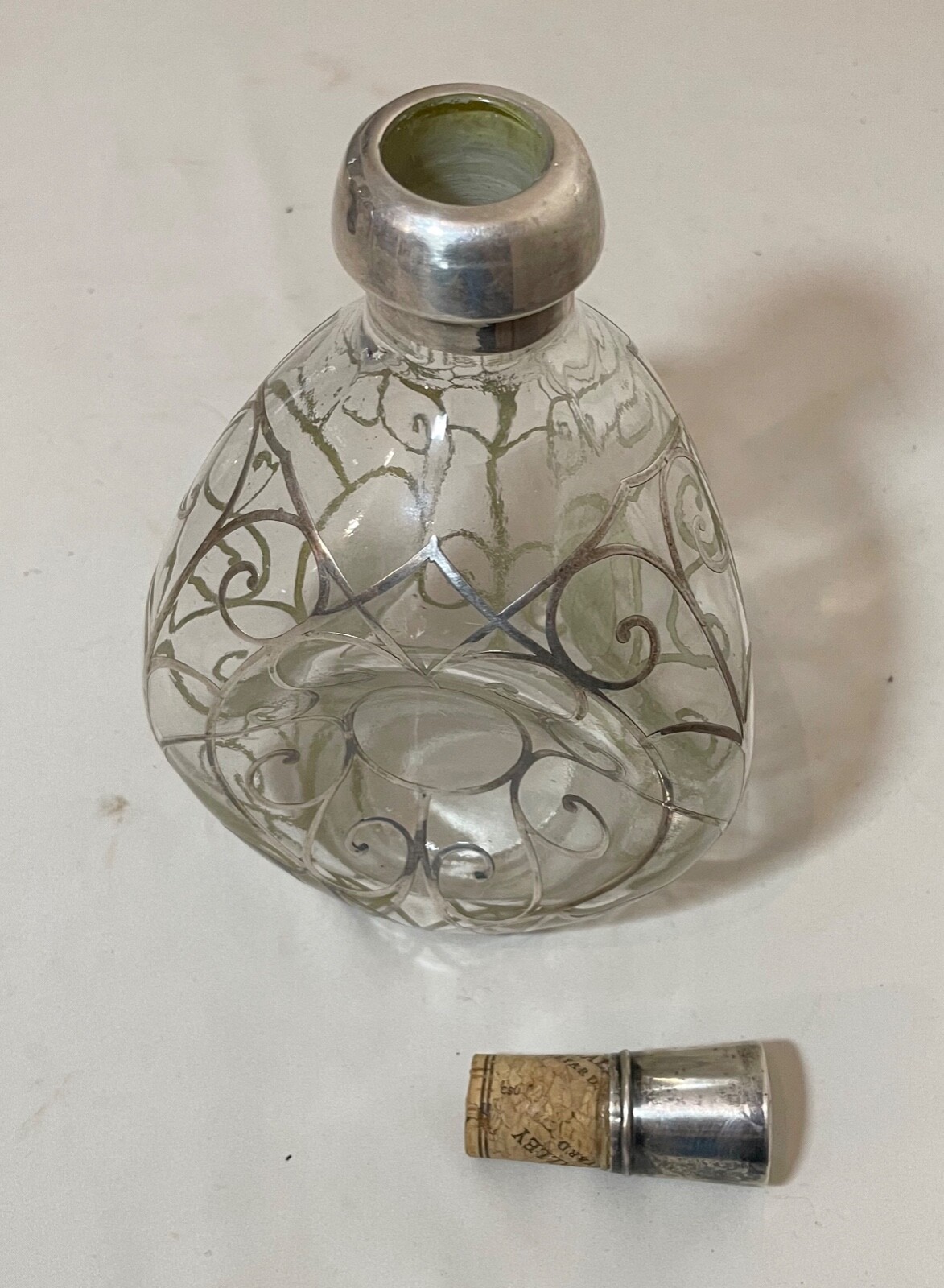 antique ornate sterling silver overlay glass liquor claret decanter bottle jar