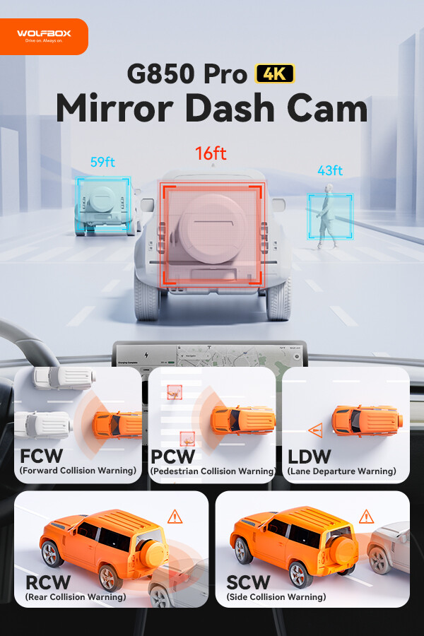 WOLFBOX G850 PRO Rear View Mirror Dash Cam GPS WiFi, Voice Control, ADAS & BSD