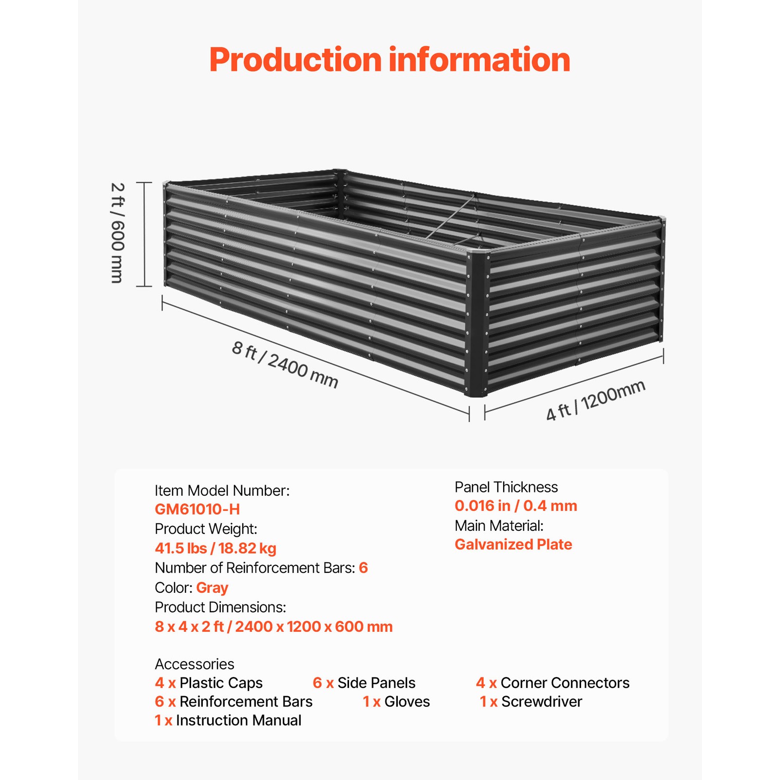 Uimoso Metal Raised Garden Bed Galvanized Planter Box 8x4x2 ft Outdoor Dark Gray