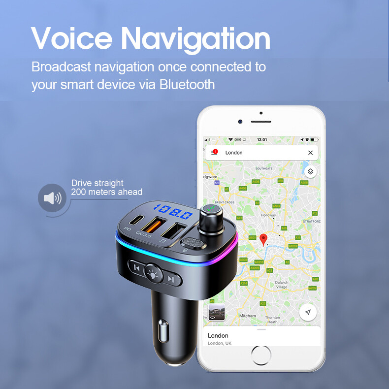 Car Bluetooth FM Transmitter Radio MP3 Adapter Kit USB C Fast Charger hands free