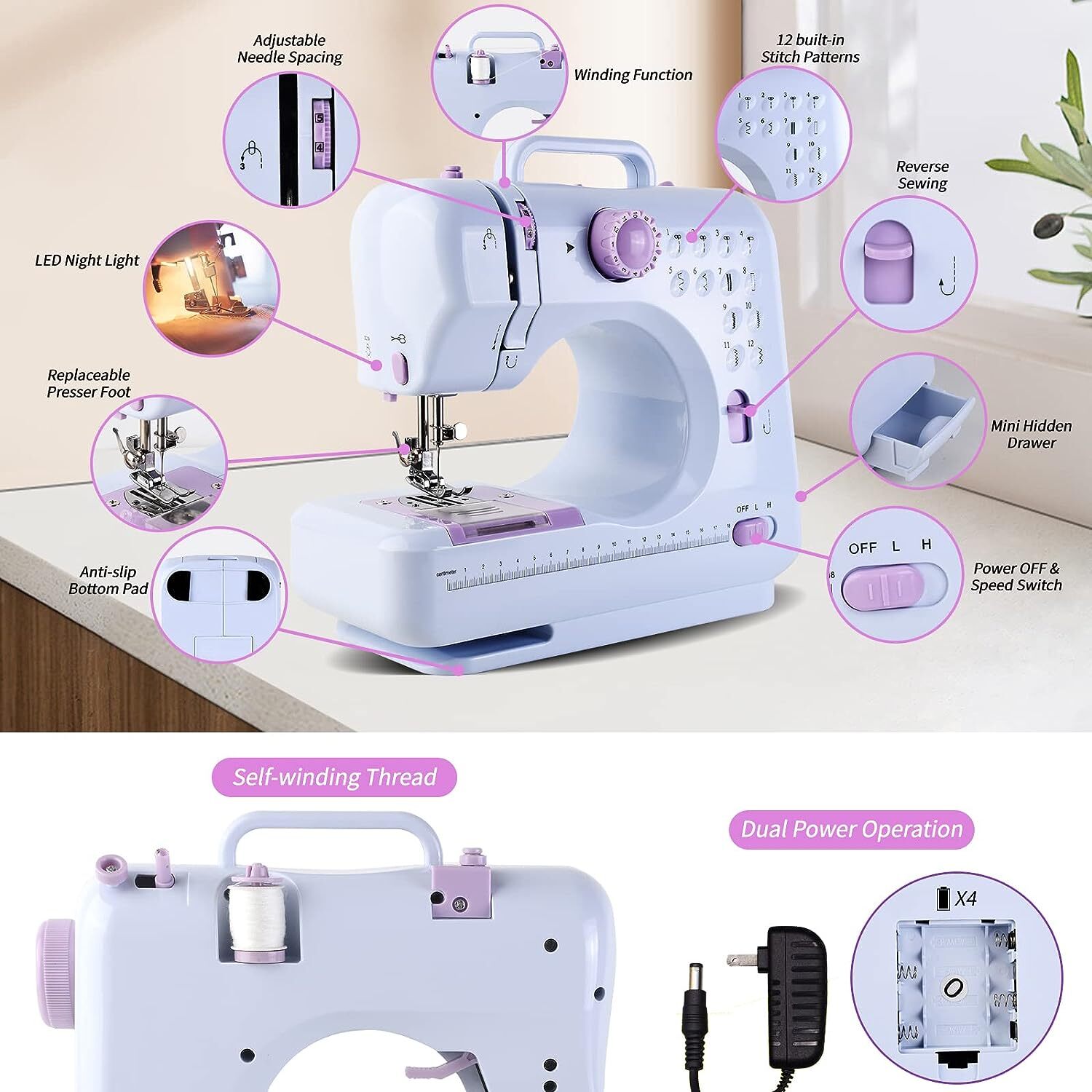Electric Sewing Machine Portable Crafting Mending Machine 12 Built-In Stitches