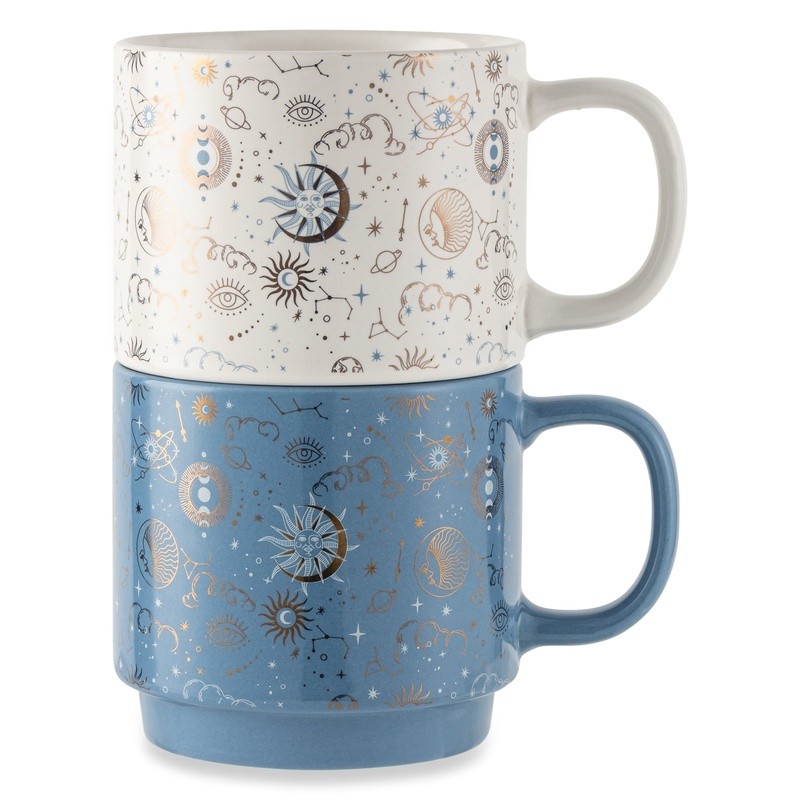 Stacking Celestial Mugs Set 2 Cosmic Pattern Stoneware Coffee Tea Cups New