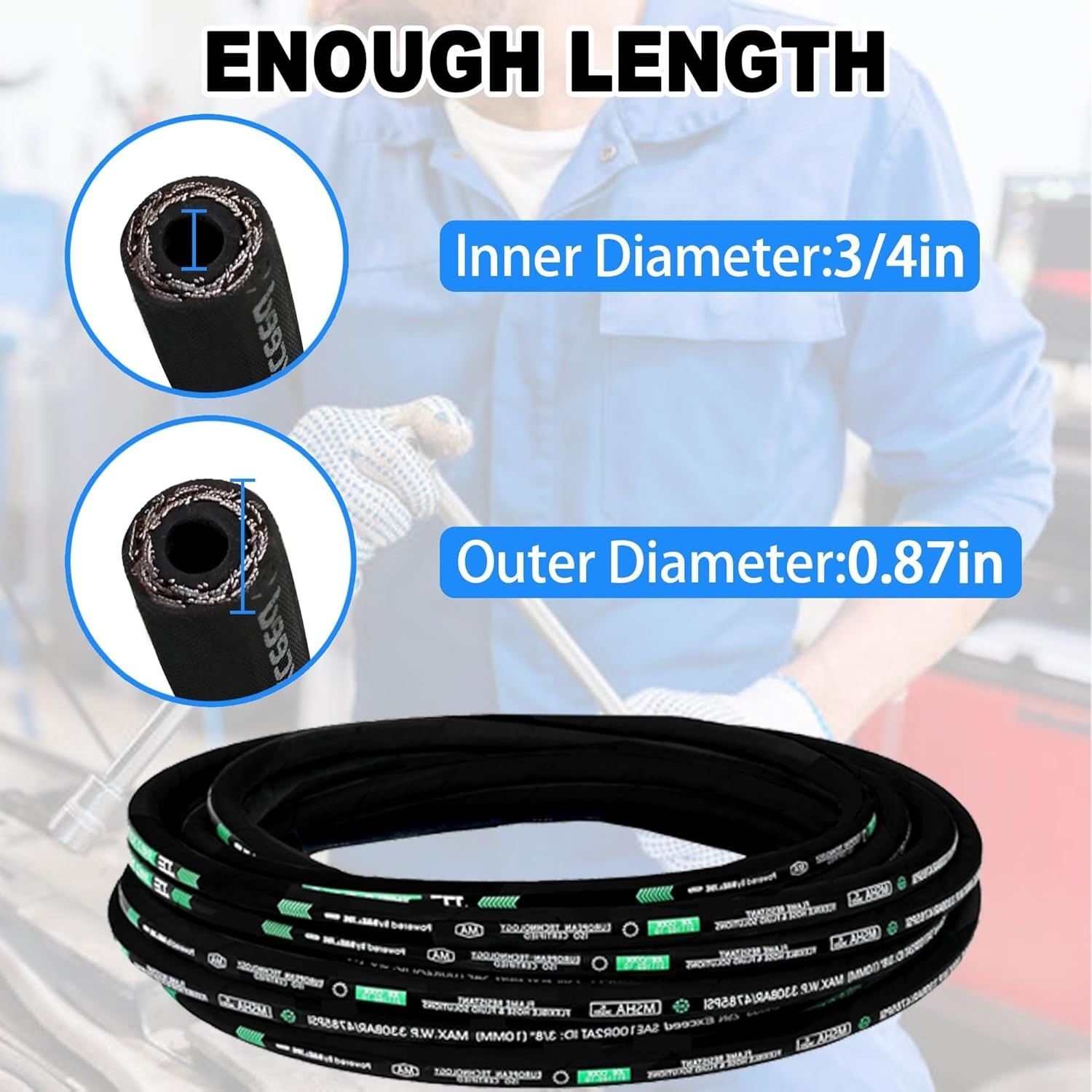 Smooth 3/4" x 100ft Hydraulic Hose - 2 Steel Wire Braid,3118 PSI Rubber Oil Hose