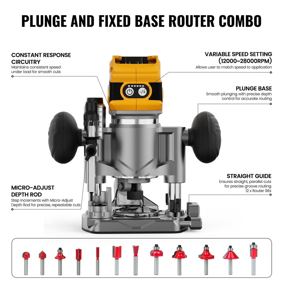 Compact Router Plunge/Fixed Base Kit (Tool Only), Compatible with Dewalt 20V ...