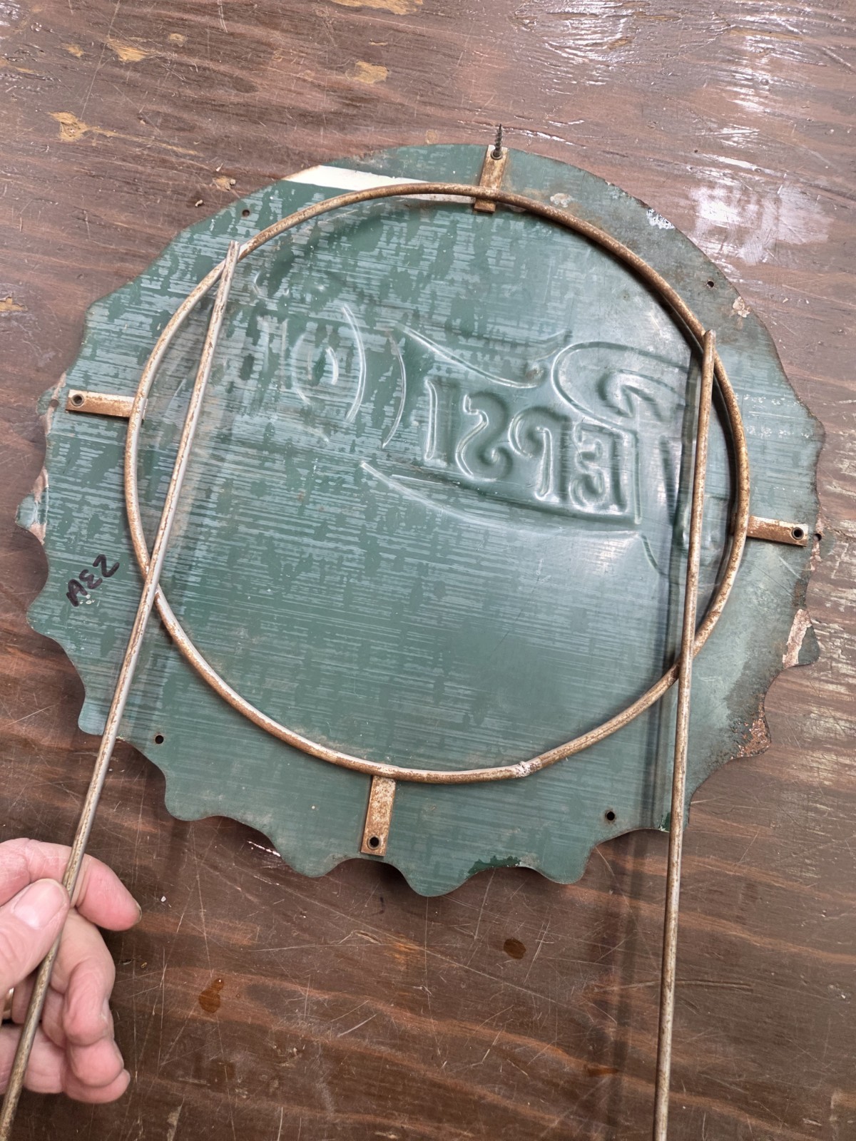 1940’s Embossed Double Dot Pepsi Cola Bottle Cap Sign Rack Topper