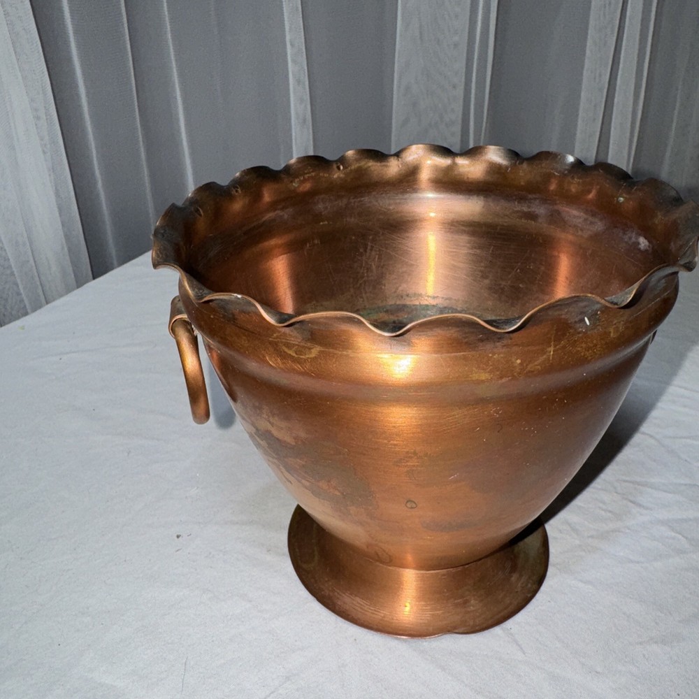Solid Copper Pot Planter Vase Double Handle Scalloped Made In USA Hand Hammered
