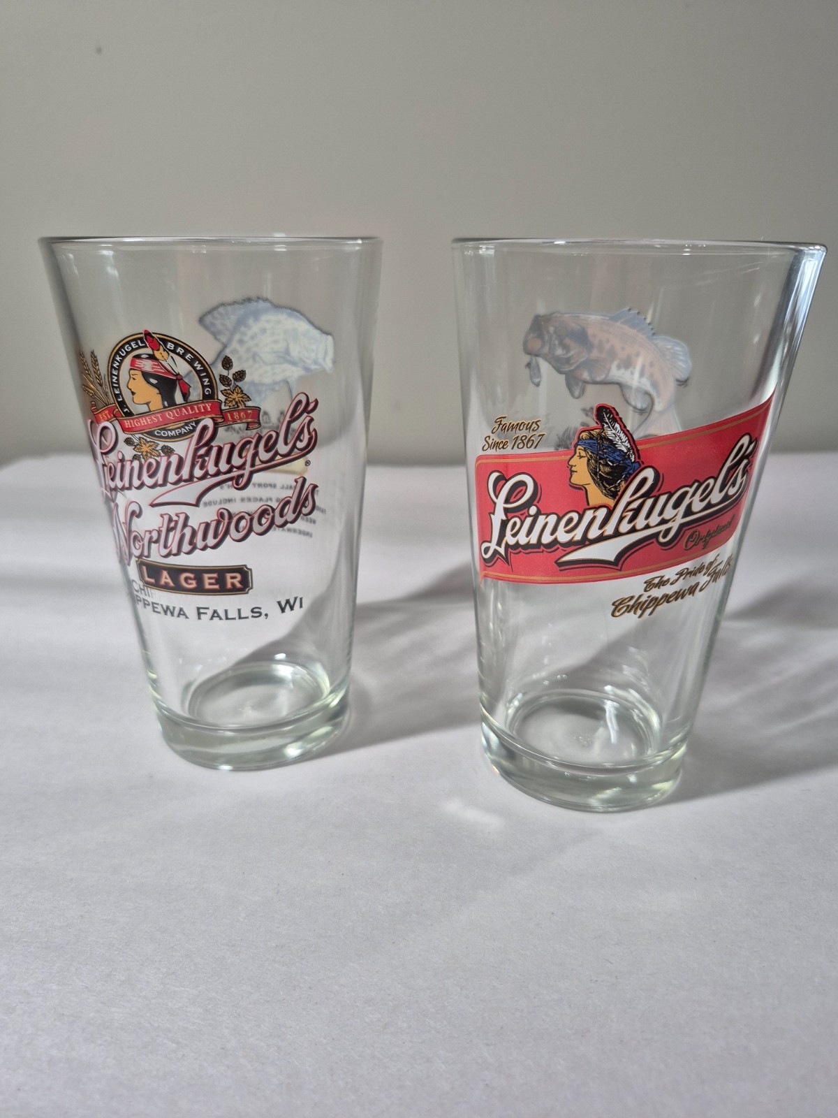 Set Of 2 Leinenkugel Fishing Beer Pint Drinking Glass Crappie & Largemouth Bass