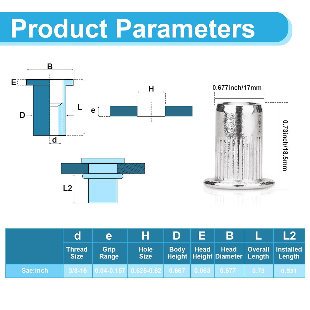 30 Pcs 3/8-16 Rivet Nuts Stainless Steel Flat Head Threaded Insert Nutserts