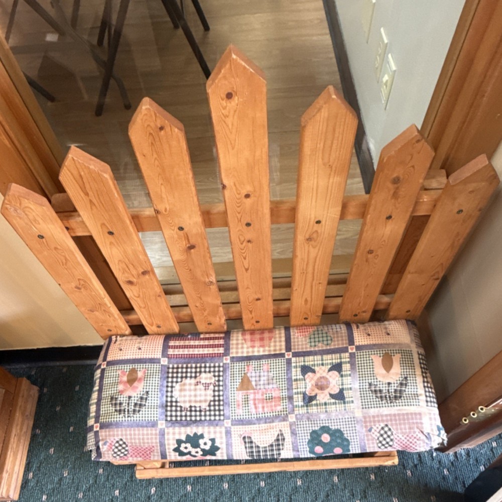 Wood Bench Patchwork Upholstered Seat Picket Fence Backrest Rectangle