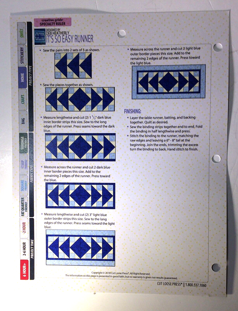 It's Sew Easy Table Runner Pattern Project Sheet Cut Loose Press Quilt Pattern