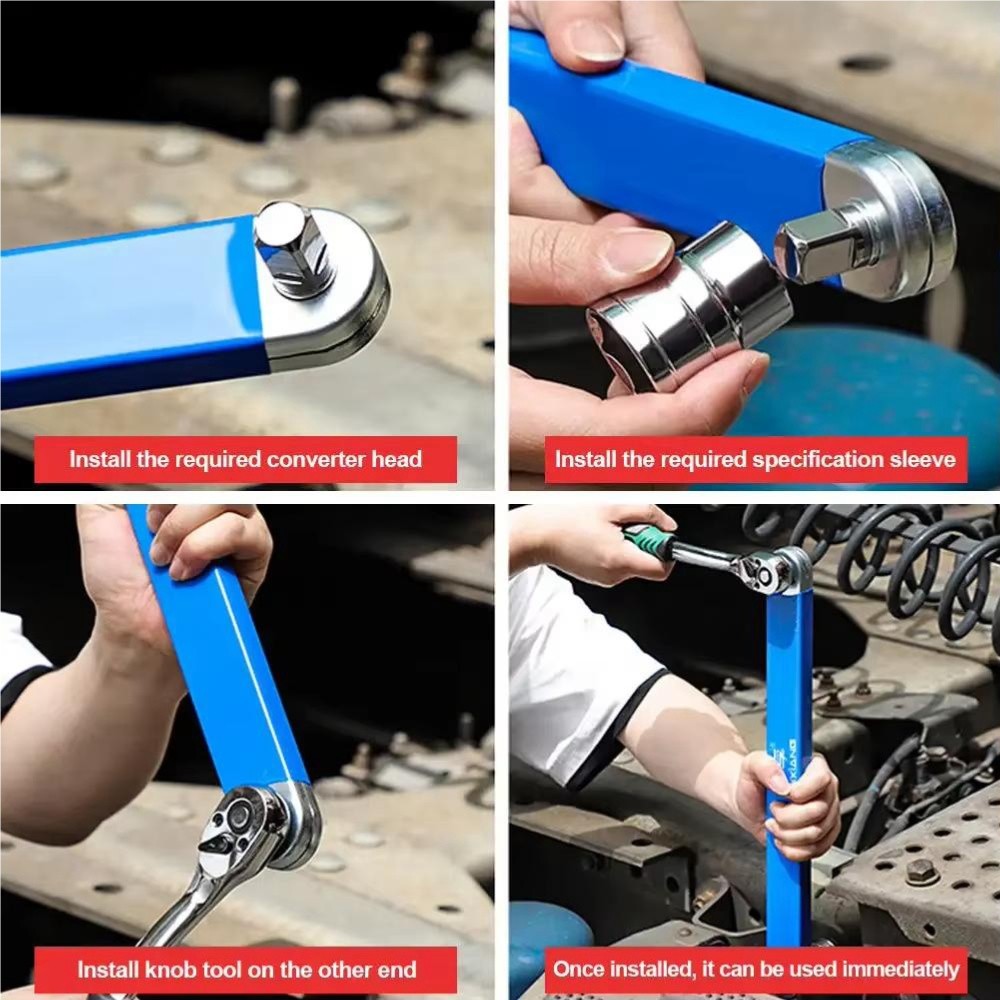 Multifunctional Car Offset Extension Wrench with 4 Adapters, Dual-purpose Socket