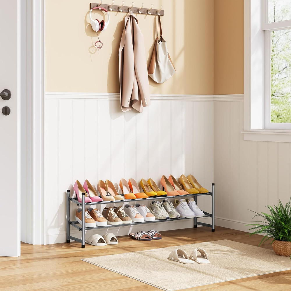 2 Tier Expandable Shoe Rack for Closet, 28“-41“Adjustable & Stackable Shoe Shelf