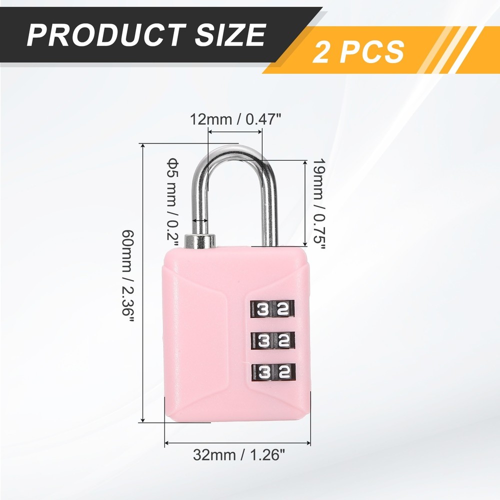 2pcs Resettable 3 Digit Plastic Combination Padlock, Pink (60 x 32mm)