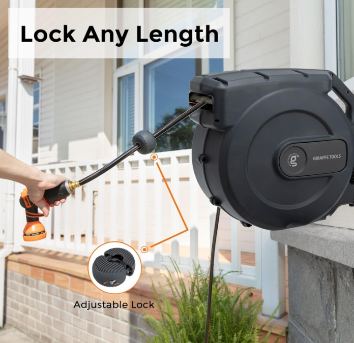 Giraffe Tools Retractable Garden Hose Reel Wall Mount 5/8-IN 115-FT with Nozzle