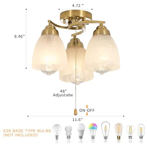 3-Light Flush Mount Ceiling Light with Pull Chain, Modern Lighting Golden