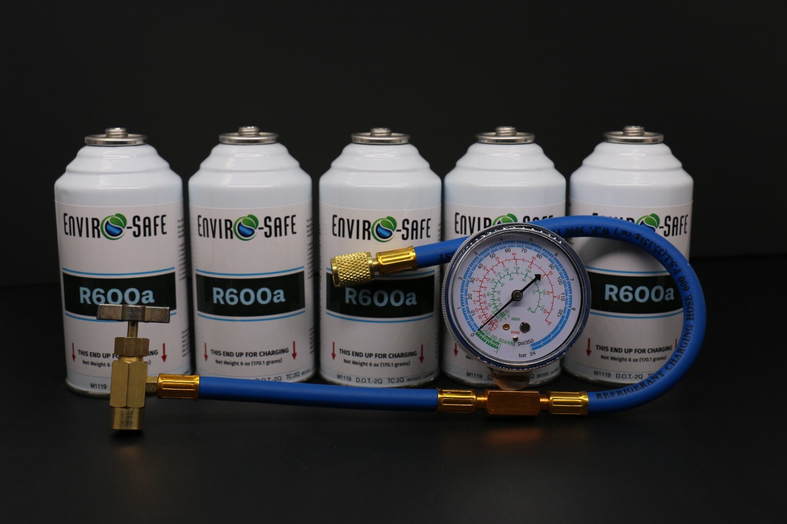 Enviro-Safe R-600a Refrigerant Inverted Piercing 6 oz 5 Cans and Brass Gauge