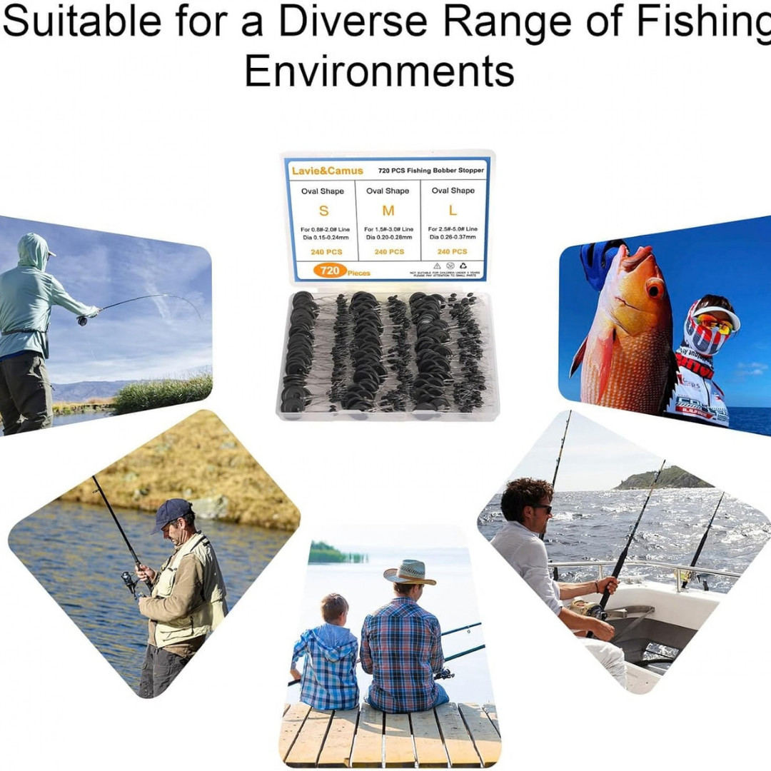 720 PCS Fishing Bobber Stopper Oval Floats Sinker Stops 6 in 1 Black Rubber Size