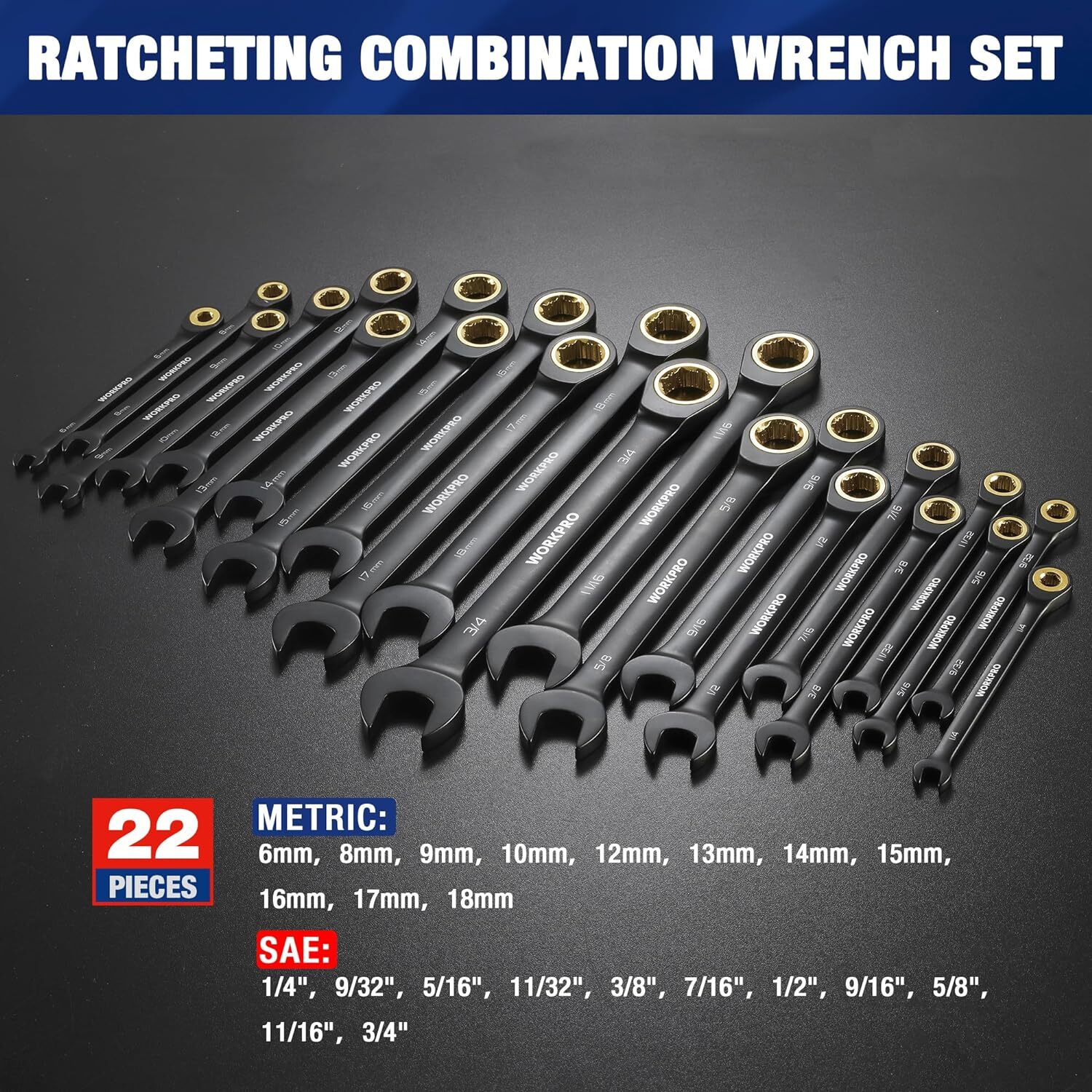 WORKPRO 22Piece Ratcheting Wrench Set, 72 Teeth Anti-slip with Organizer Box NEW