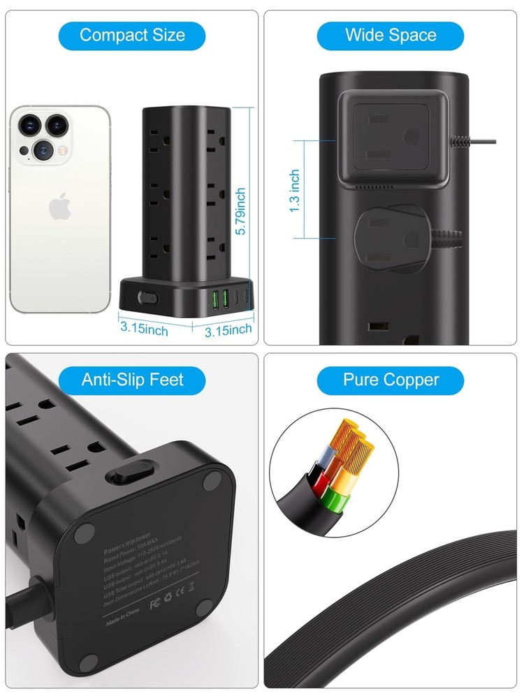 Power Strip Tower with Multiple Outlets, Flat Plug Surge Protector ... Fast Ship