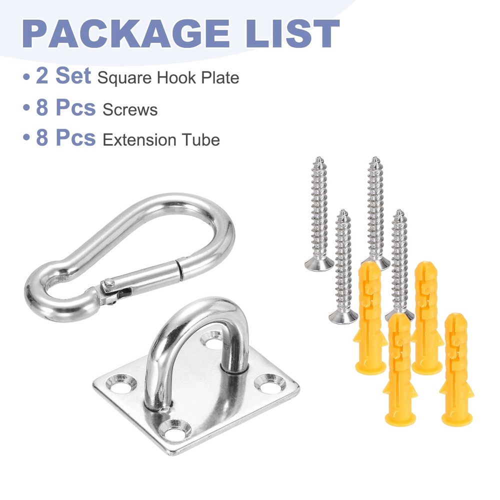 2Set M8 Eyelet Bracket Set Square Hook Plate and Hook, Silver