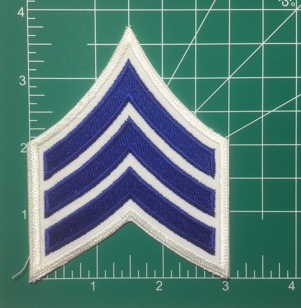 (2) Sergeant Chevron - 3 ROYAL BLUE stripes on White Patch (White Border)
