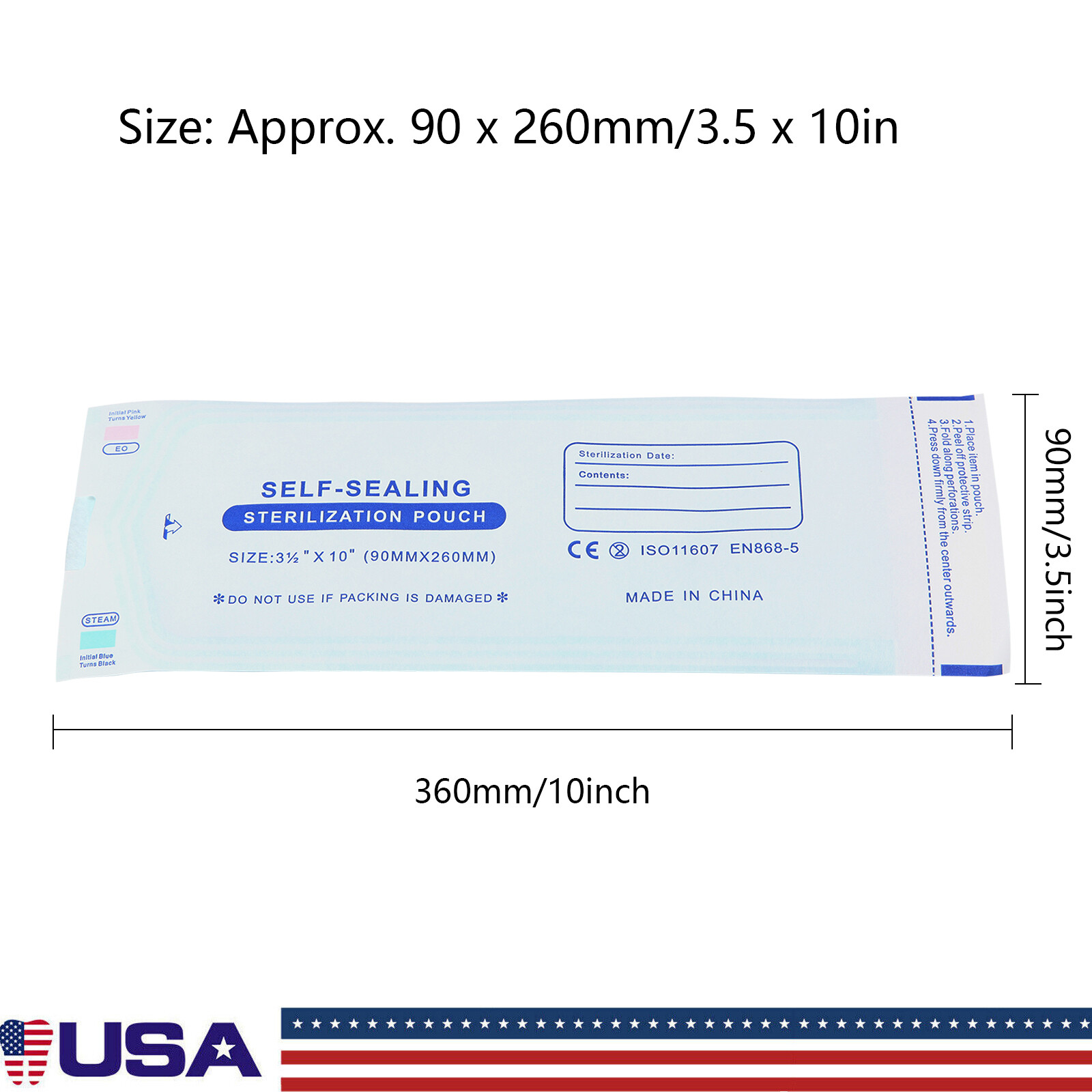 200 pcs 3.5" x 10" Self-Sealing Sterilization Pouches Sterilizer Bags Autoclave