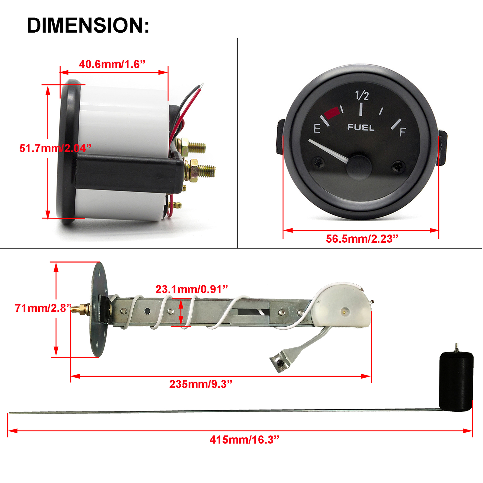 2"52mm Fuel Level Gauge Kit W/Unit Fuel Level Sensor E-1/2-F Pointer 12V