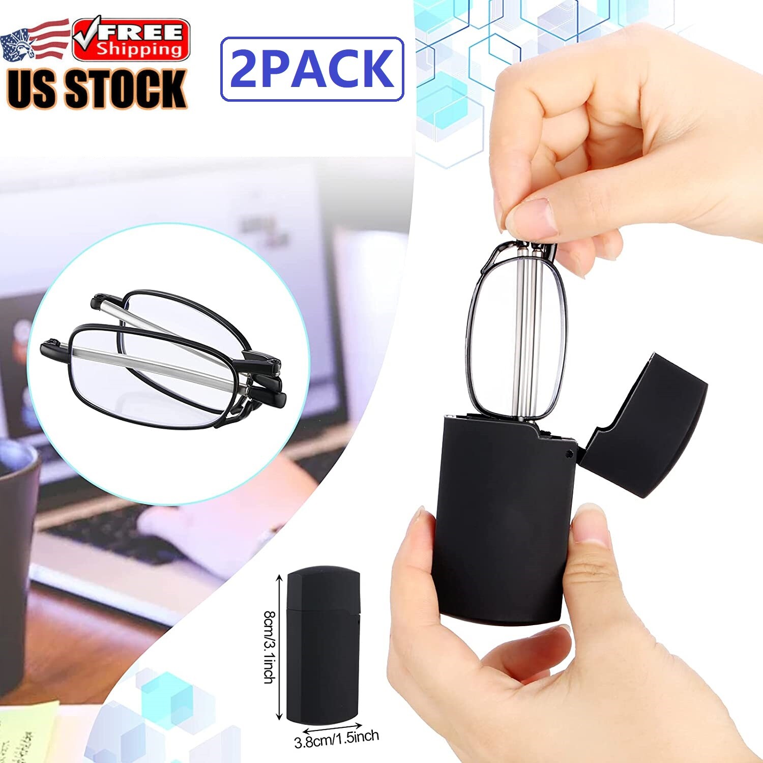 2 Pairs Anti-Blue Metal Compact Folding Light Reading Glasses With Carrying Case