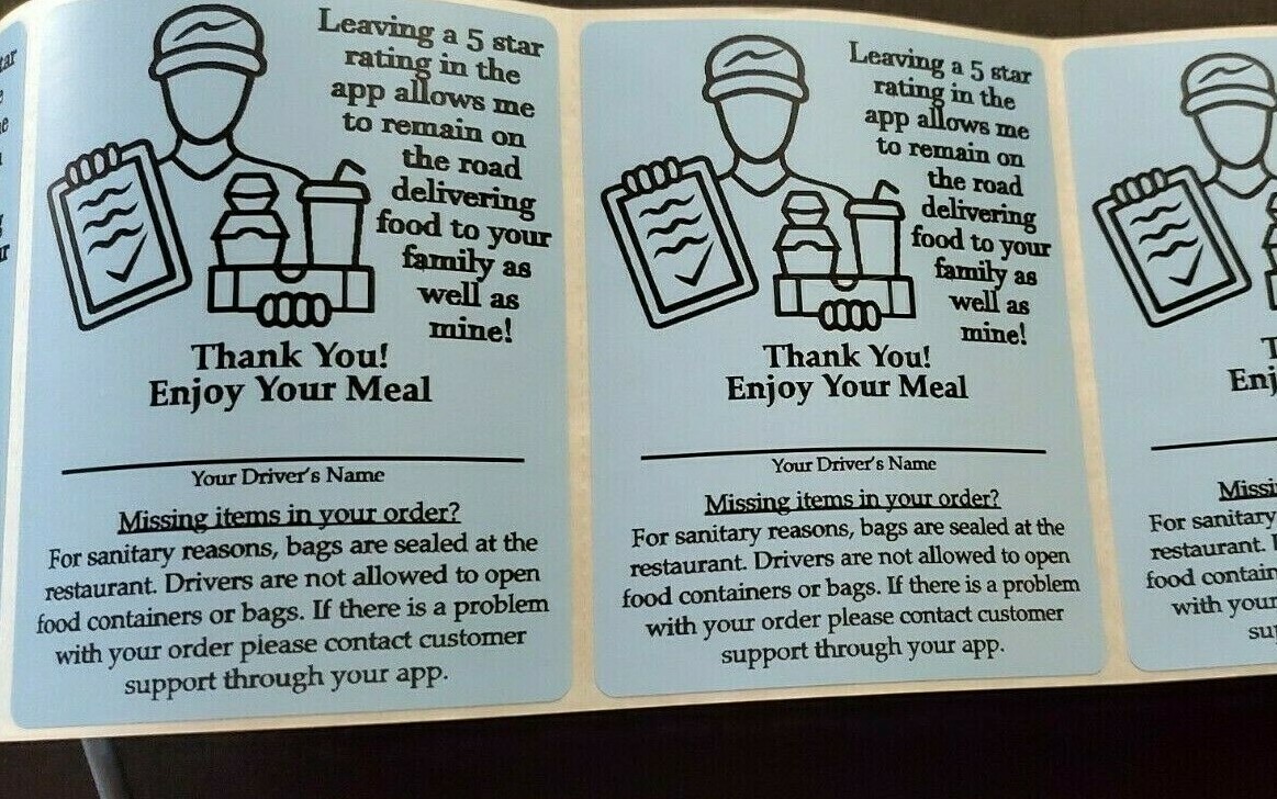 50 Food Delivery Labels Seal 4" x 3" DoorDash Grubhub UberEats 5-Star Stickers