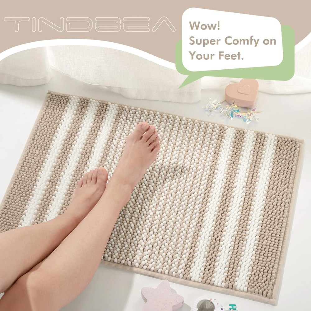 Soft Absorbent Chenille Bath Mat Set, Non-Slip, Machine Washable, Khaki