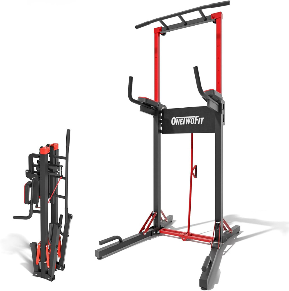 ONETWOFIT Foldable Power Tower Pull up Bar Station, Multi-Function Adjustable He
